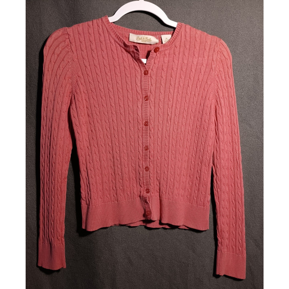 Peck & Peck Salmon Silk Cable Knit Cardigan Sweater Preppy Petite Large